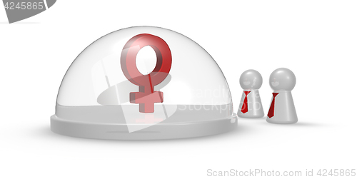 Image of female symbol under glass dome and pawns with tie - 3d rendering
