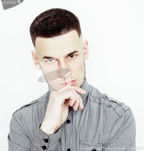 Image of young handsome asian man hipster in glasses on white background, lifestyle people concept closeup