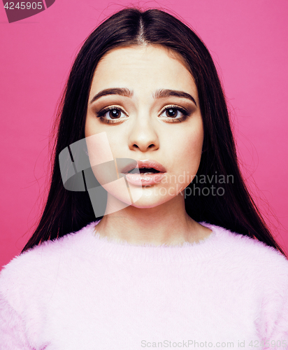 Image of young cute disco girl on pink background smiling adorable emotions copyspace, lifestyle people concept