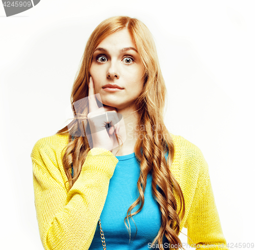 Image of young pretty red hair woman happy smiling isolated on white background, lifestyle people concept closeup