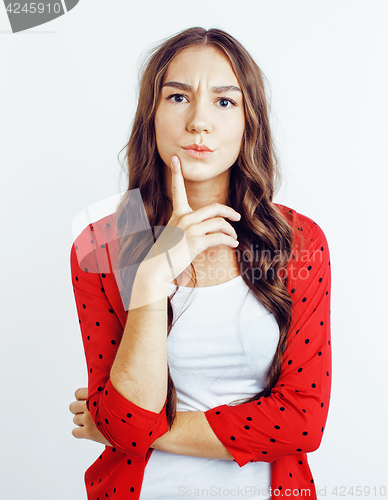Image of young pretty teenage hipster girl posing emotional happy smiling on white background, lifestyle people concept 