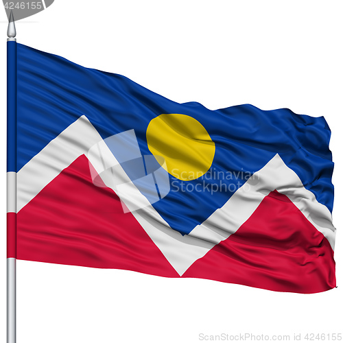 Image of Denver Flag on Flagpole, Waving on White Background