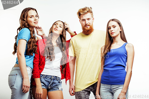 Image of company of hipster guys, bearded red hair boy and girls students having fun together friends, diverse fashion style, lifestyle people concept isolated on white background