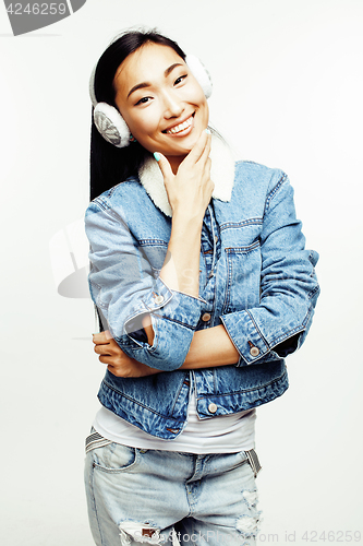 Image of young pretty asian woman posing cheerful emotional isolated on white background, lifestyle people concept