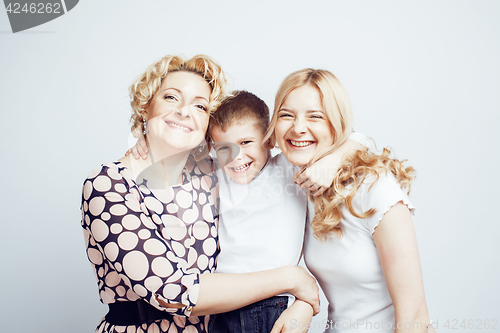 Image of happy smiling family together posing cheerful on white background, lifestyle people concept, mother with son and teenage daughter isolated