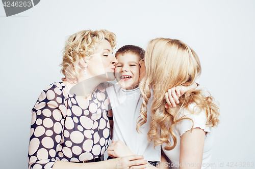 Image of happy smiling family together posing cheerful on white background, lifestyle people concept, mother with son and teenage daughter isolated