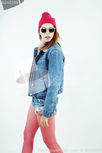 Image of young pretty teenage hipster girl posing emotional happy smiling on white background, lifestyle people concept closeup