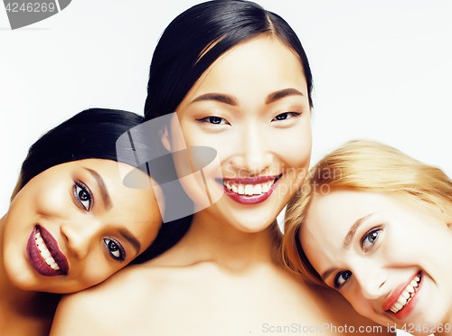 Image of  different nation woman: asian, african-american, caucasian together isolated on white background happy smiling, diverse type on skin, lifestyle people concept 