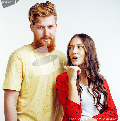 Image of young pretty teenage couple, hipster guy with his girlfriend happy smiling and hugging isolated on white background, lifestyle people concept 