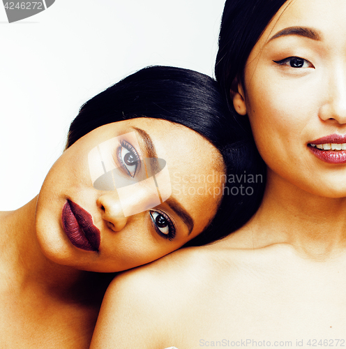 Image of  different nation woman: asian, african-american, caucasian together isolated on white background happy smiling, diverse type on skin, lifestyle people concept 