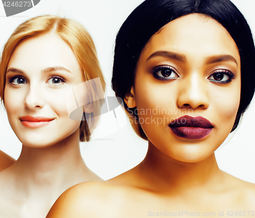 Image of  different nation woman: asian, african-american, caucasian together isolated on white background happy smiling, diverse type on skin, lifestyle people concept 