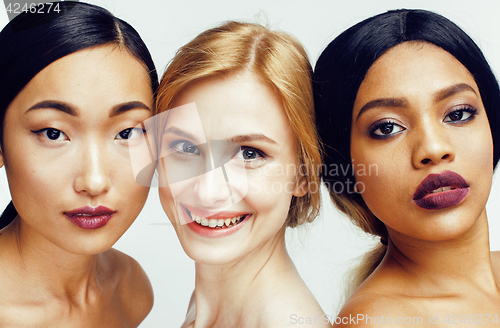 Image of  different nation woman: asian, african-american, caucasian together isolated on white background happy smiling, diverse type on skin, lifestyle people concept 