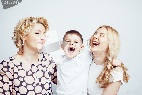 Image of happy smiling family together posing cheerful on white background, lifestyle people concept, mother with son and teenage daughter isolated