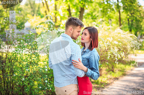 Image of Happy young couple at park standing and laughing on the bright sunny day