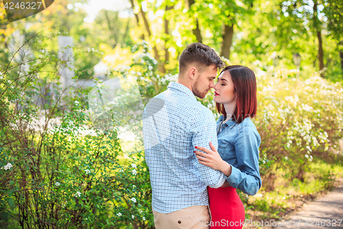 Image of Happy young couple at park standing and laughing on the bright sunny day