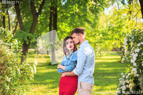 Image of Happy young couple at park standing and laughing on the bright sunny day