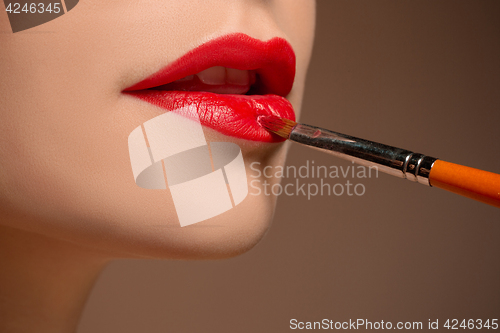 Image of Beautiful female lips with make-up and brush