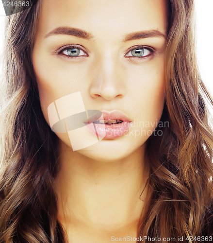 Image of young sweet brunette woman close up isolated on white background