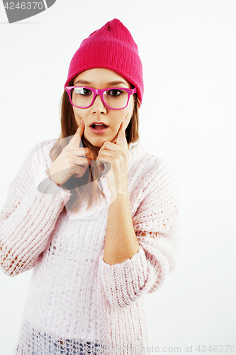 Image of young pretty teenage hipster girl posing emotional happy smiling on white background, lifestyle people concept 