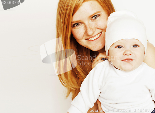 Image of young beauty mother with baby, red head happy family isolated cl
