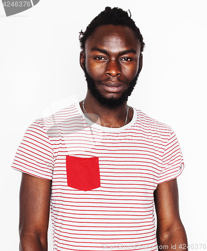 Image of young handsome afro american boy stylish hipster gesturing emotional isolated on white background smiling, people lifestyle concept