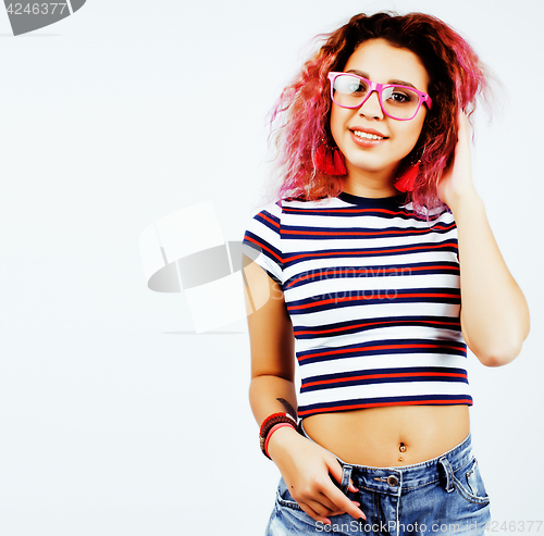 Image of young happy smiling latin american teenage girl emotional posing on white background, lifestyle people concept 