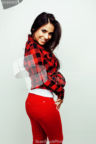 Image of young happy smiling latin american teenage girl emotional posing on white background, lifestyle people concept 