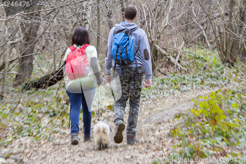 Image of Young couple with a dog walking in the woods, blurred motion
