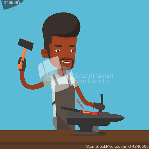 Image of Blacksmith working metal with hammer on the anvil.