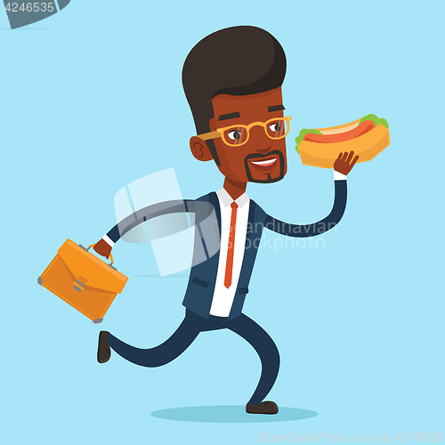 Image of Businessman eating hot dog vector illustration.