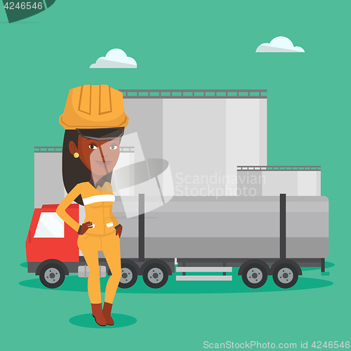 Image of Worker on background of fuel truck and oil plant.
