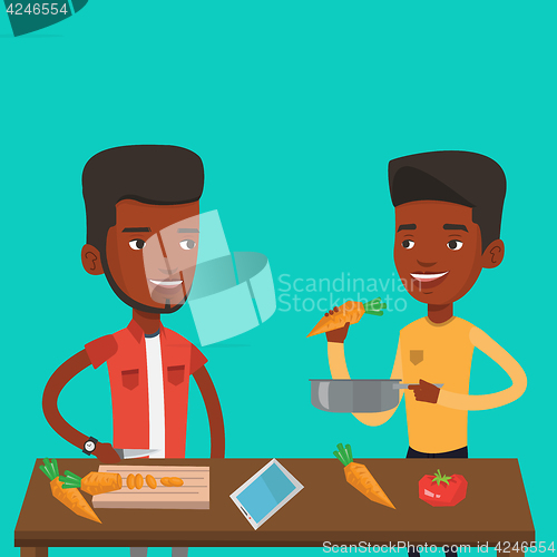 Image of Men cooking healthy vegetable meal.