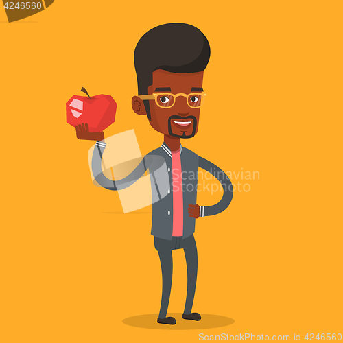 Image of Young man holding apple vector illustration.