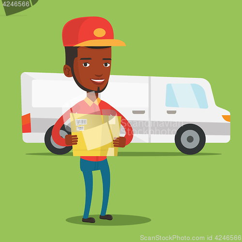 Image of Delivery courier carrying cardboard boxes.