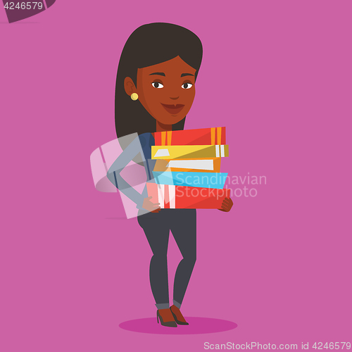 Image of Woman holding pile of books vector illustration.