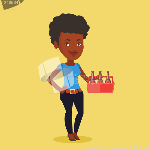 Image of Woman with pack of beer vector illustration.