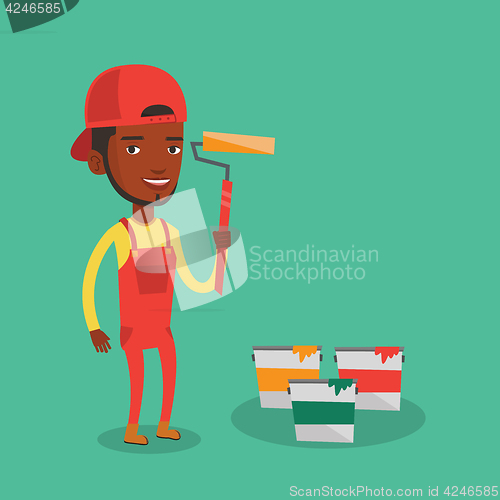 Image of Painter holding paint roller vector illustration.