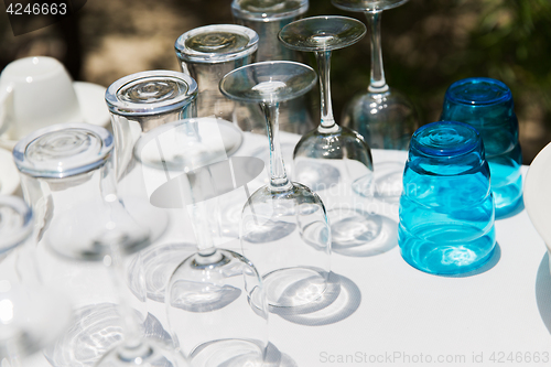 Image of many clean glasses upside down on table