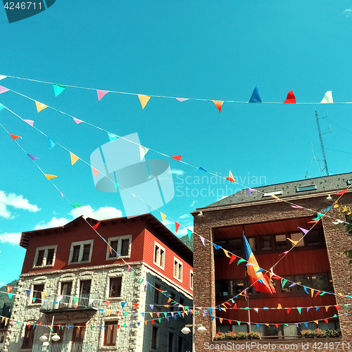 Image of Street of Andorra La Vella decorated with colorful pennants