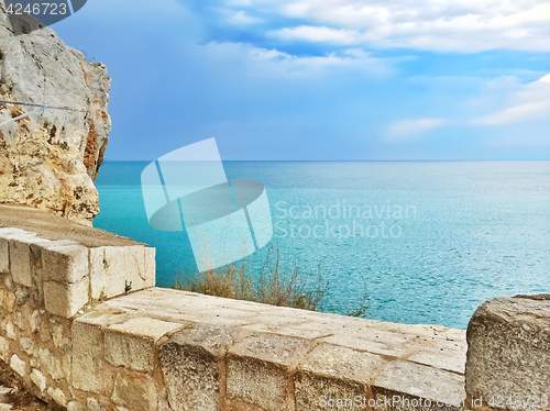 Image of Waterfront and peaceful blue sea of Peniscola, Spain