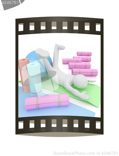Image of 3d man on a karemat with fitness ball. 3D illustration. The film