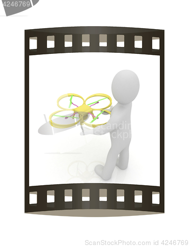 Image of 3d man with drone, quadrocopter, with photo camera. 3d render. 3