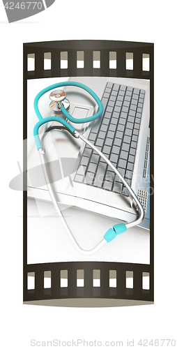 Image of silver laptop diagnosis with stethoscope. 3D illustration. The f