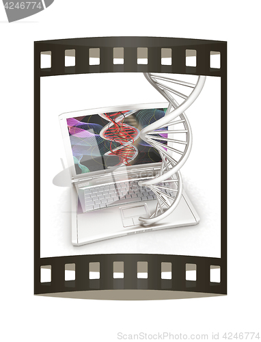 Image of Laptop with dna medical model background on laptop screen. 3d il