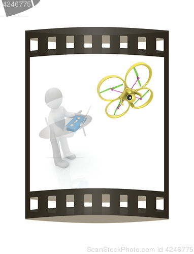 Image of 3d man with drone, quadrocopter, with photo camera. 3d render. 3