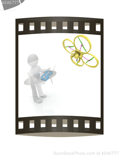 Image of 3d man with drone, quadrocopter, with photo camera. 3d render. 3