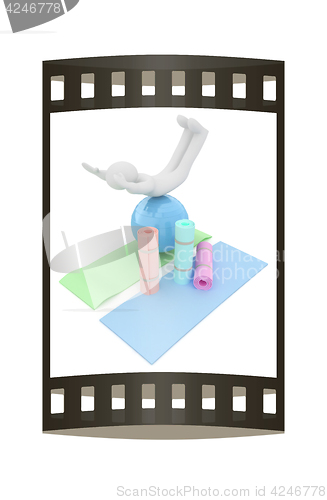 Image of 3d man on a karemat with fitness ball. 3D illustration. The film