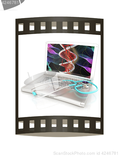 Image of silver laptop diagnosis with stethoscope. 3D illustration. The f