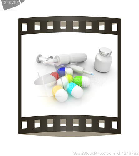 Image of Syringe, tablet, pill jar. 3D illustration. The film strip