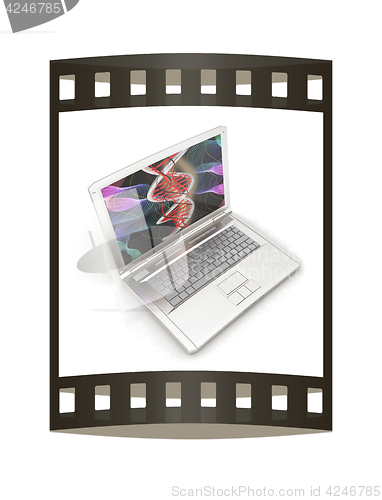 Image of Laptop with dna medical model background on laptop screen. 3d il